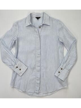 Massimo Dutti Striped Button Up White Blue Linen Shirt Coastal Chic Size 2